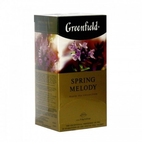 Herbata Greenfield Spring Melody 25x1,5g - czarna indyjska, o smaku brzoskwini, z liśćmi werbeny, mięty i porzeczki